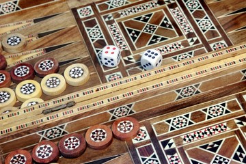 Backgammon game with two dice, with space for text or image.