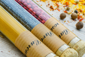 Various colorful spices, powders and herbs