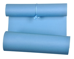 piece of blue paper rolled up in roll isolated on white