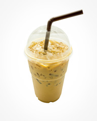 Iced coffee with straw in plastic cup