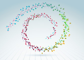 Bright colorful particles fly forming spiral