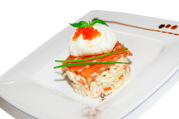 Salad with boiled vegetable, spicy salmon and egg on plate,