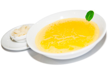 Cream soup with potato, greens and croutons, restaurant menu