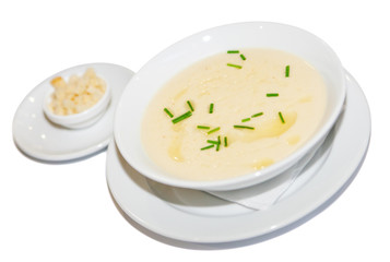 Cream soup, greens and croutons, restaurant menu