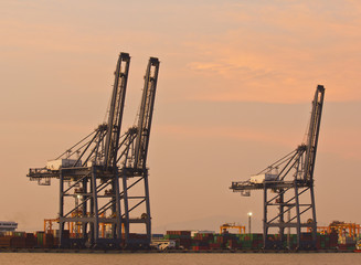 Container Cargo freight ship with working crane bridge in shipya