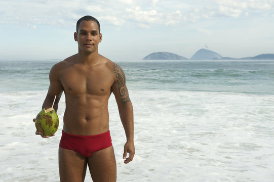 Smiling Brazilian Man Drinking Coconut Rio de Janeiro