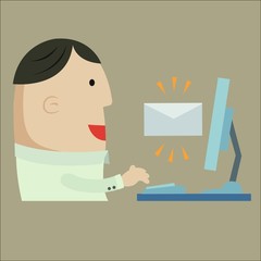 Cartoon concept : Business man working with computer and got e-m