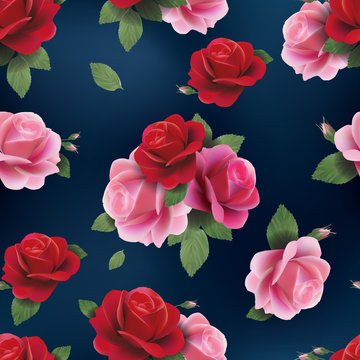 Elegant vector seamless floral pattern with red and pink roses