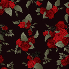 Seamless floral pattern with red roses on black background