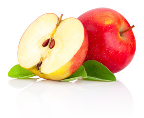 Red apples and half with green leaves isolated on a white backgr