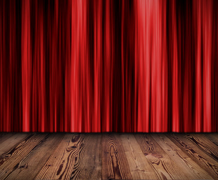 Red dark curtain with wooden planks floor