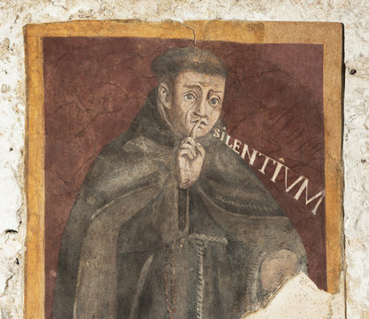 Fresko mit "Silentium" in Heiligtum von Greccio, Rieti, Italien