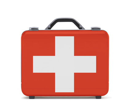 Business suitcase for travel with flag of Switzerland