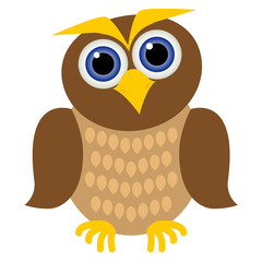 clever brown owl with blue eyes, yellow beak and feathers