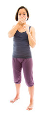 Obraz premium Young woman with hand over her mouth and shock