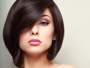Printed kitchen splashbacks Hairdressers Beautiful bright makeup woman with black short hair