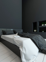 Black colored bedroom interior with alcove