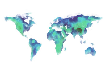 blue and green world map, watercolor painting