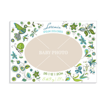 Baby Arrival Card with Photo Frame - Flowers and Butterflies