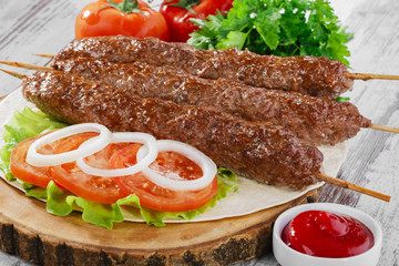 shish kebabs on wooden skewers