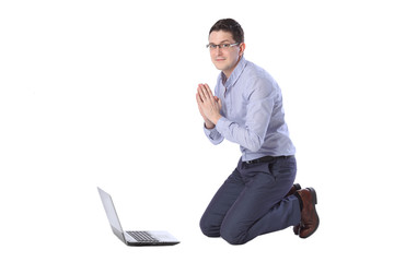 man on his knees begging laptop run