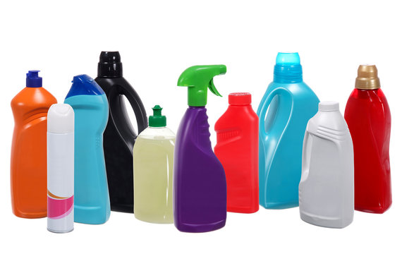 Many different plastic bottles of cleaning products isolated on