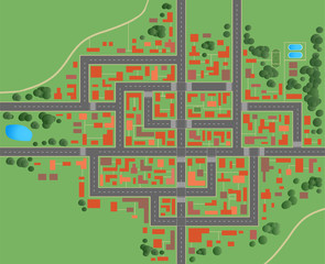 City map with houses roads top view