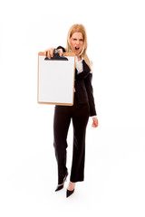 Frustrated businesswoman showing a blank clipboard