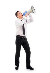 Angry businessman boss screaming with a megaphone
