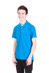 Young handsome smiling man in blue t-shirt isolated on white