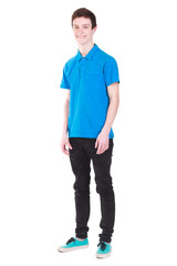Fototapeta premium Young handsome smiling man in blue t-shirt isolated on white