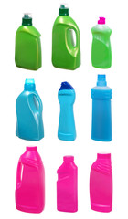 set of plastic bottles of cleaning products on white