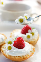 Brioche buns with creamy cheese and fresh raspberries