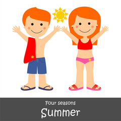Niño y niña vestidos con traje de baño en verano. Ilustración vectorial