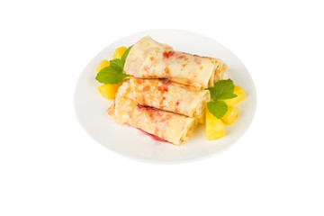 pancakes with cherry jam on a white background