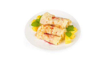 pancakes with cherry jam on a white background