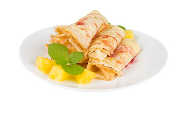 pancakes with cherry jam on a white background