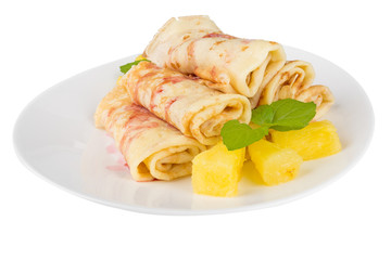 pancakes with cherry jam on a white background