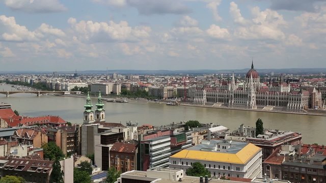 Panoramic view of a building of the Hungarian parliament, Danube and chain Secheni Bridge