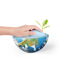 Hand with computer mouse and globe