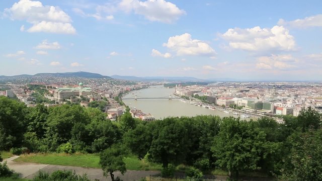Panoramic view of a building of the Hungarian parliament, Danube and chain Secheni Bridge 