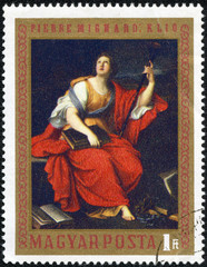 stamp printed by Hungary, shows Clio, by Pierre Mignard