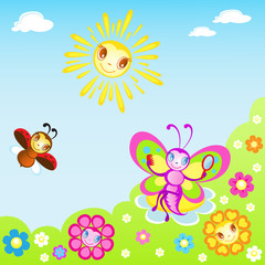 Fototapeta na wymiar Pretty butterfly and Ladybug play in the Meadow