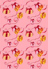 pattern gift box on pink background with bows and ribbons
