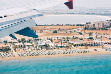 Larnaca Salt lake and hotels plane view