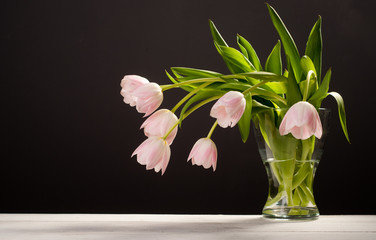 Spring decoration. Pink tulips in a vase