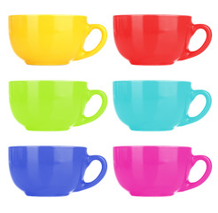 Collage of colorful mugs isolated on white
