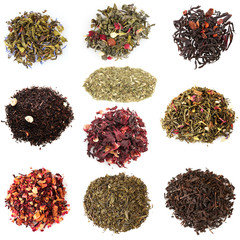 Fototapeta premium Collage of aromatic dry tea isolated on white