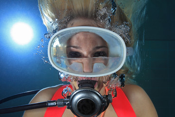 Female scuba diver with water inside mask