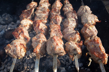 shashlik meat in smoke